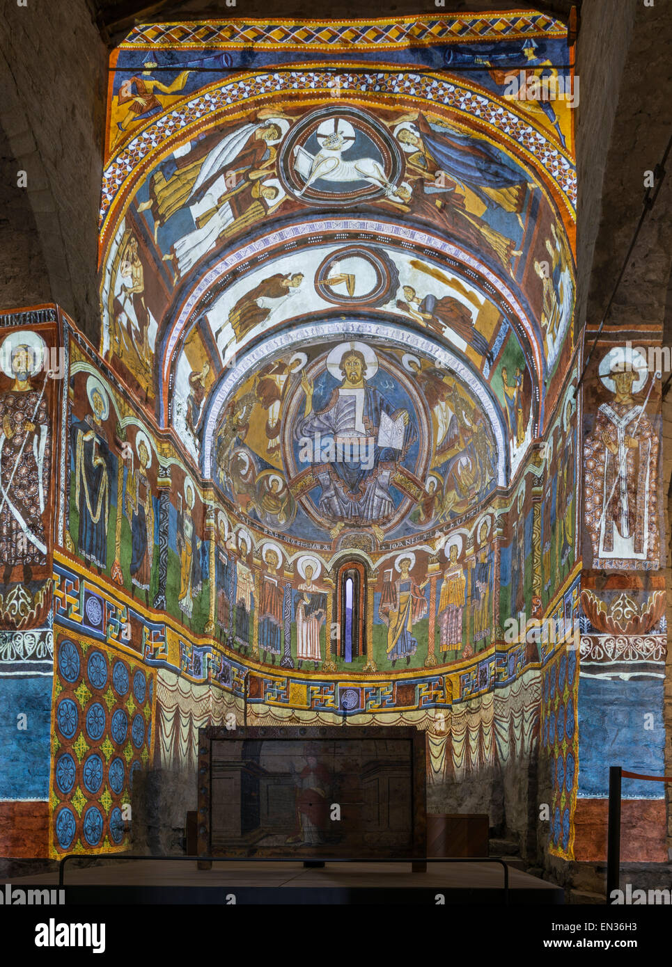 Projection of the frescoes in the Romanesque church of Sant Climent de Taüll, Unesco World Heritage Site, Vall de Boí, Taüll Stock Photo