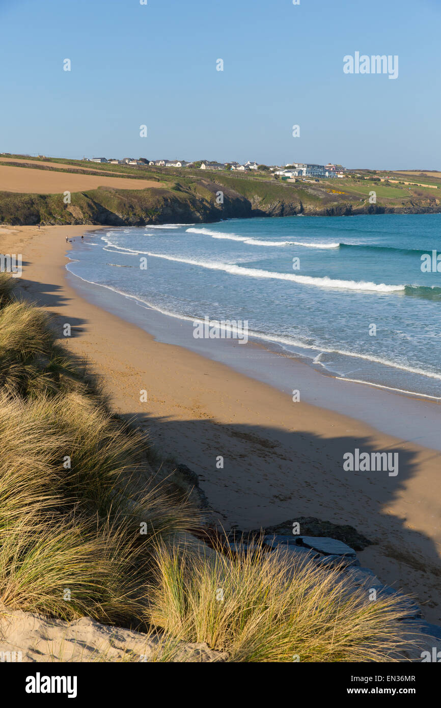 Crantock beach view to West Pentire and Bowgie Inn North Cornwall England UK near Newquay in spring with blue sky and sea Stock Photo