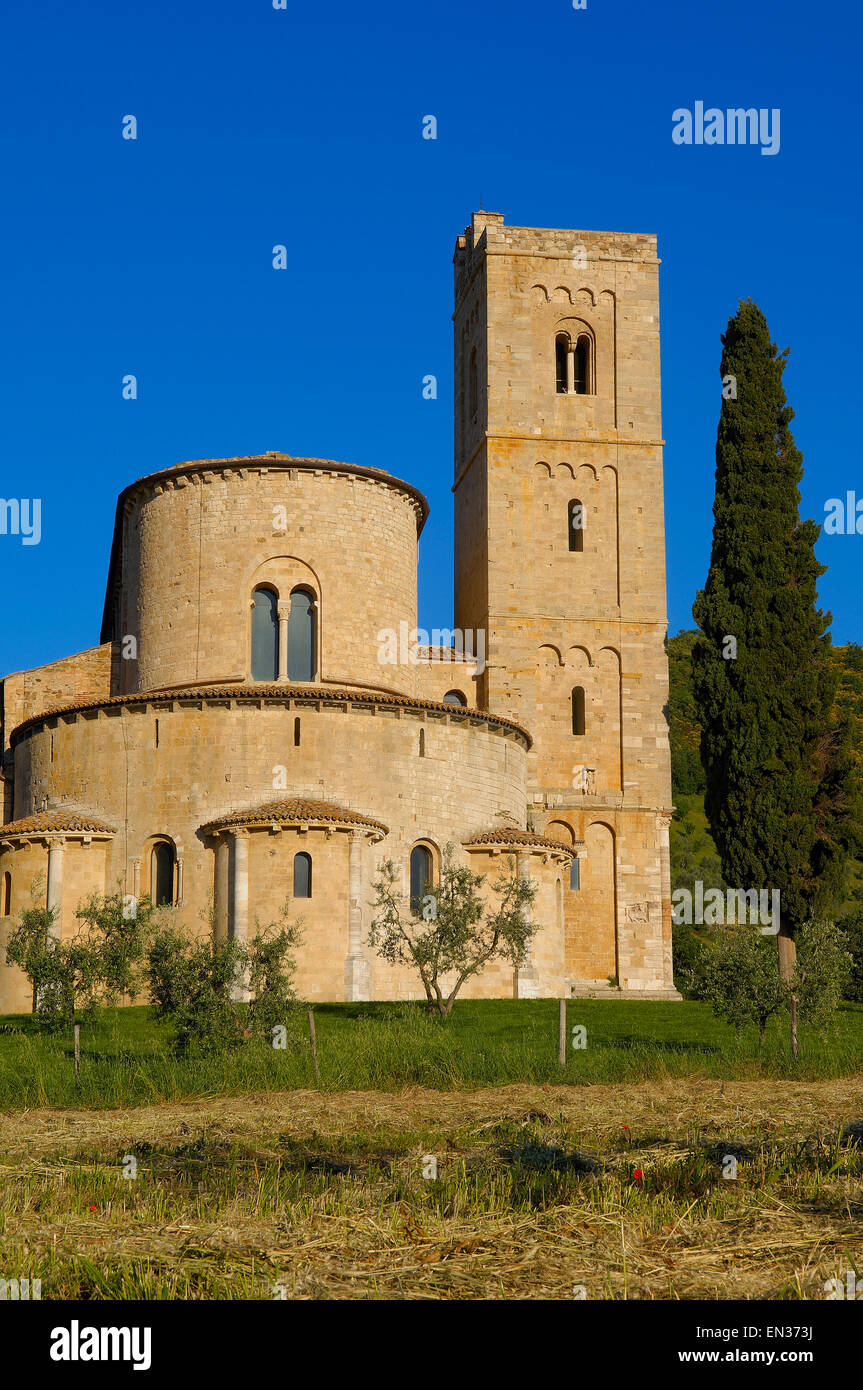 Abbey of Sant'Antimo in the Tuscan landscape, Montalcino, Castelnuovo dell'Abate, Siena Province, Tuscany, Italy Stock Photo
