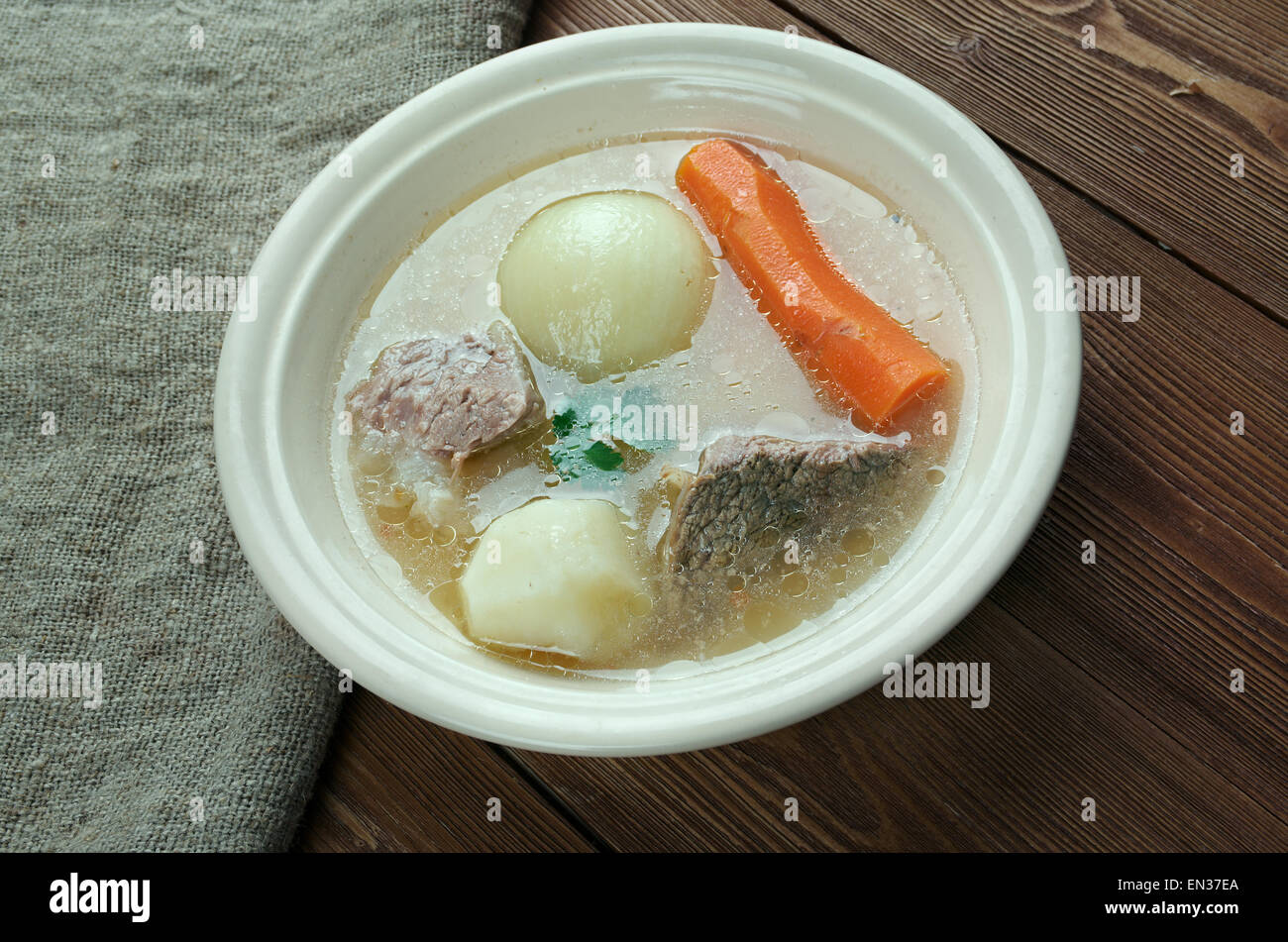 Aberaeron Broth - Welsh-language. broth which consists of bacon, beef, parsnips, cabbage, leeks, carrots Stock Photo