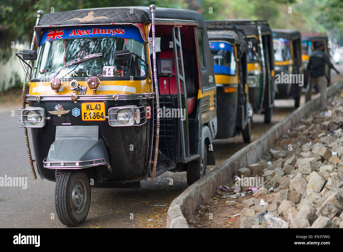 Row of motor rickshaws, Kochi, Cochin, Kerala, India Stock Photo