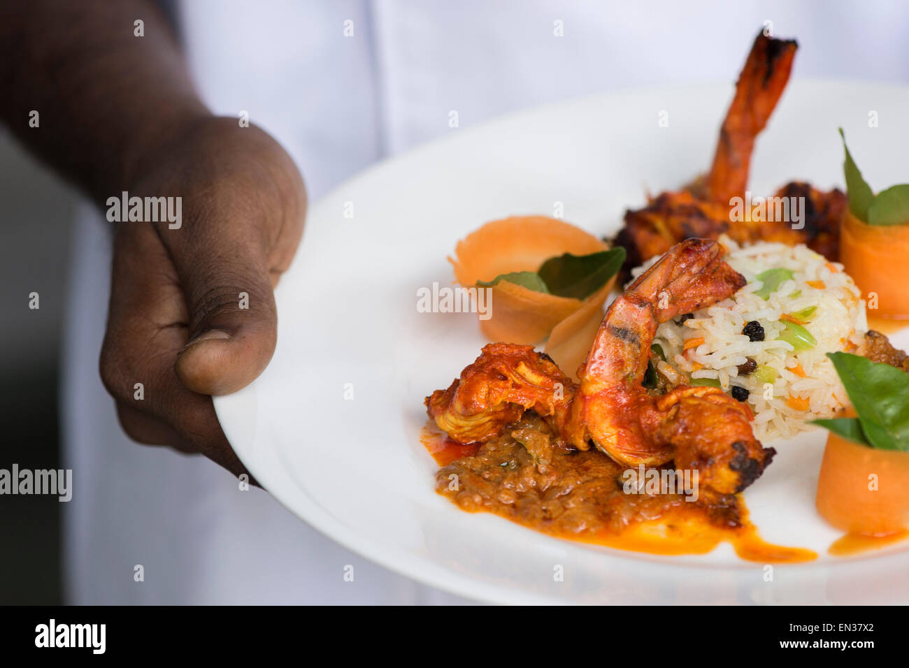 South Indian food with shrimps, Hotel Purity, Malabar Escapes, Kerala, India Stock Photo