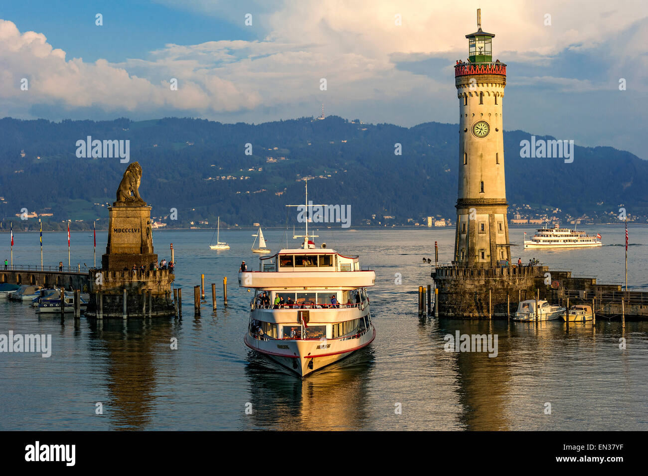 Bavarian Lion, new lighthouse, port entrance, passenger ferry Vorarlberg, Lake Constance, Lindau, Swabia, Bavaria, Germany Stock Photo