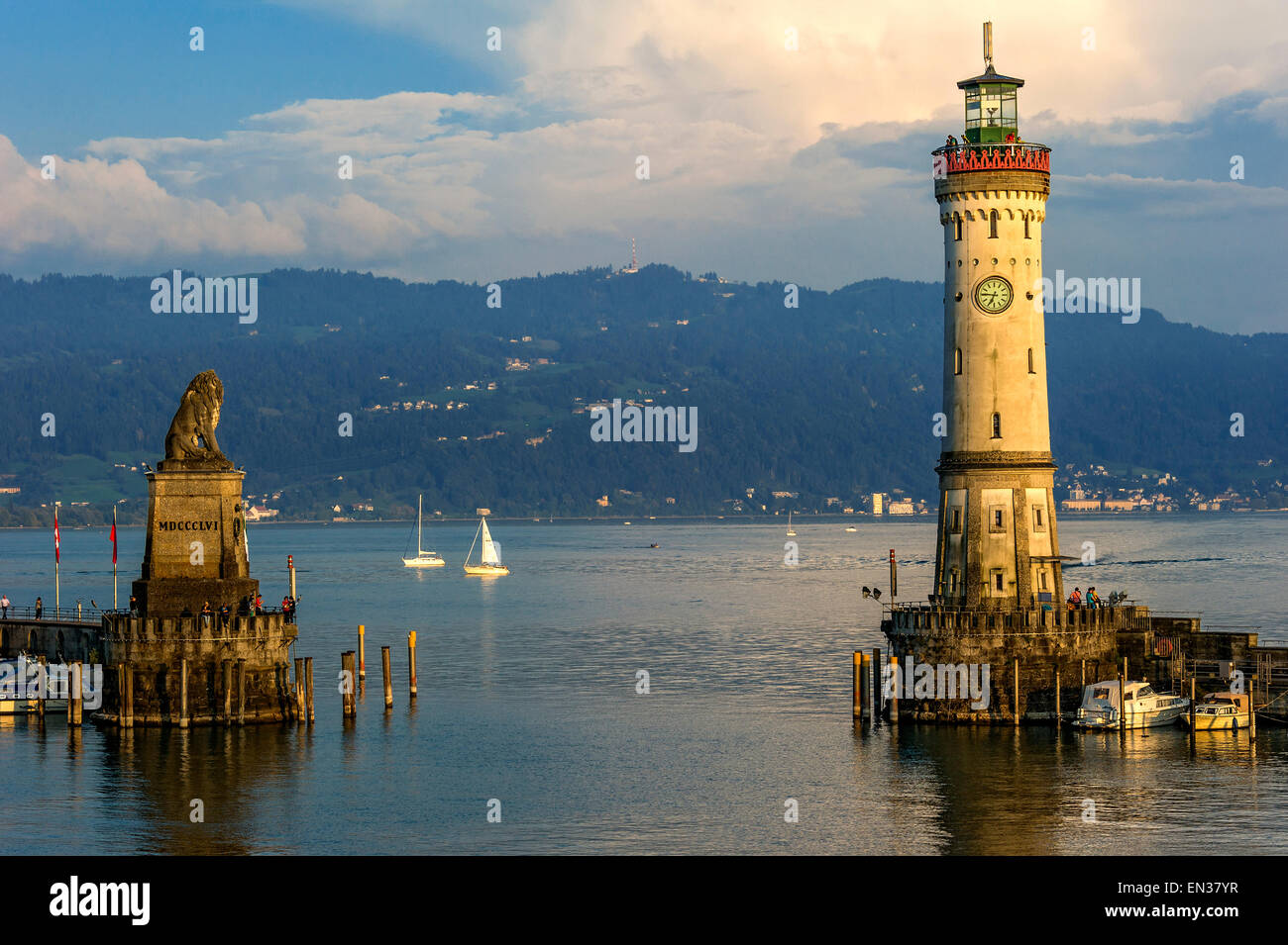 Bavarian Lion, new lighthouse, harbor, Lake Constance, Lindau, Swabia, Bavaria, Germany Stock Photo