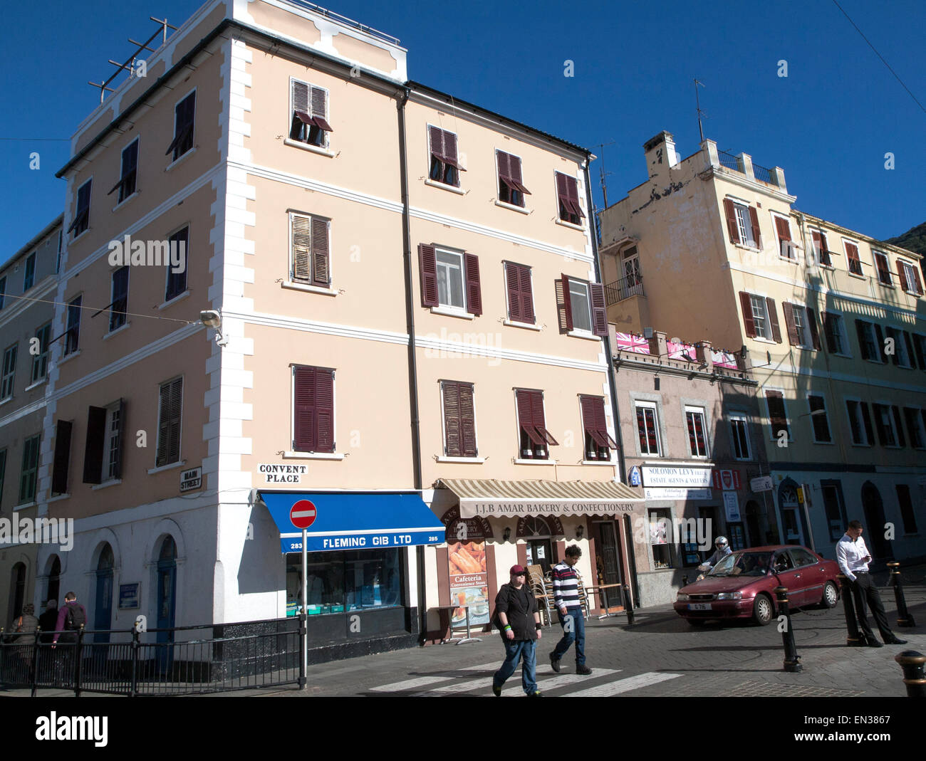 Shops and cafes in Convent Place, Gibraltar, British terroritory in southern Europe Stock Photo