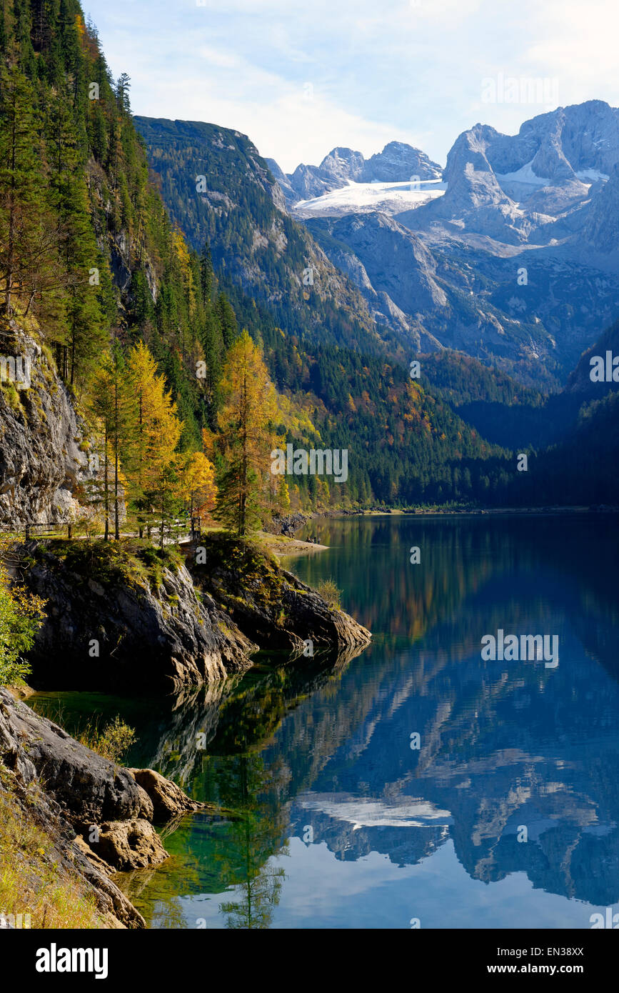 Vorderer Gosausee lake, Dachstein behind, Dachstein Mountains, Gosau, Salzkammergut, Upper Austria, Austria Stock Photo