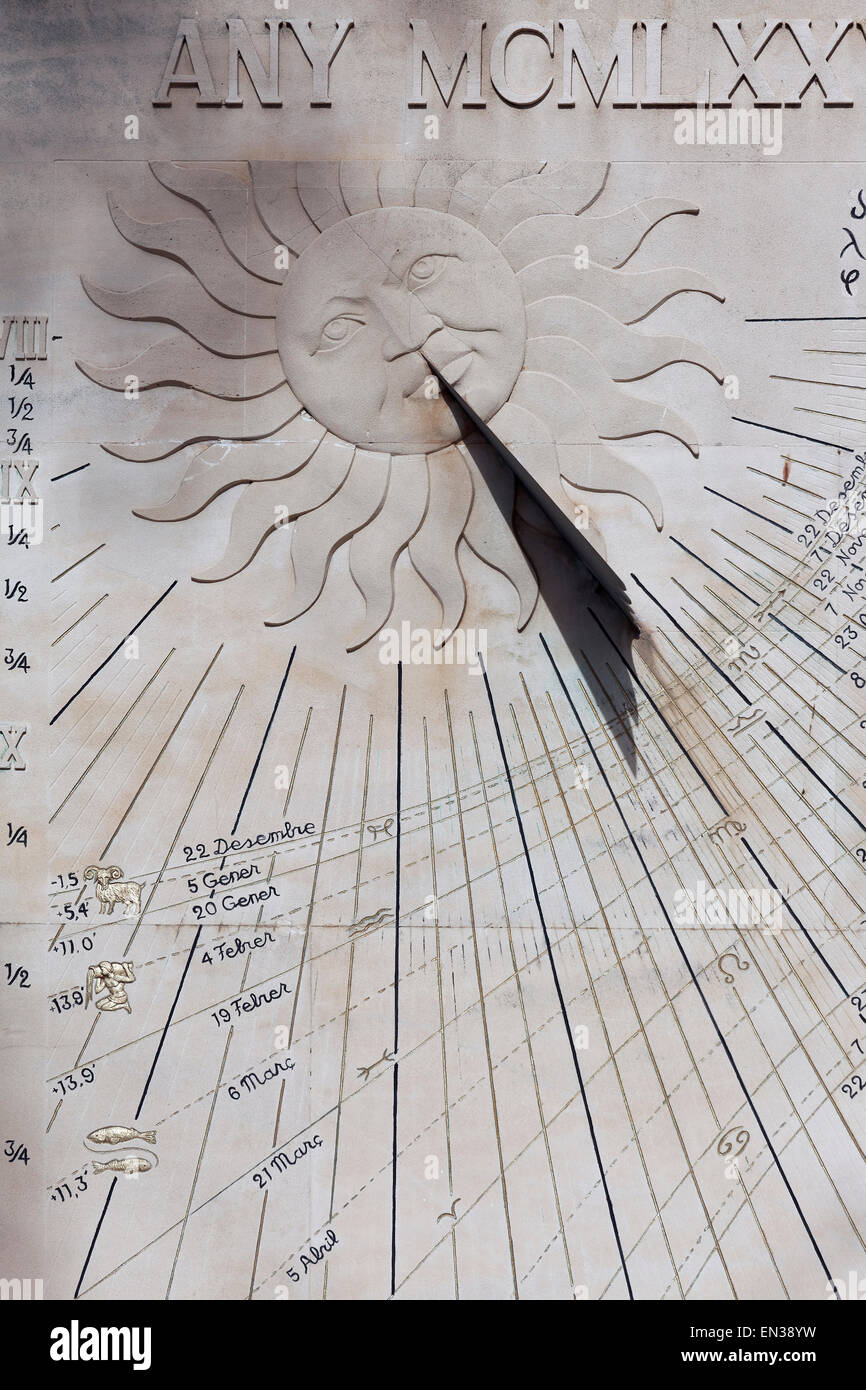 Gnomon and month lines of a sundial from 1978, Palma de Mallorca, Majorca, Balearic Islands, Spain Stock Photo
