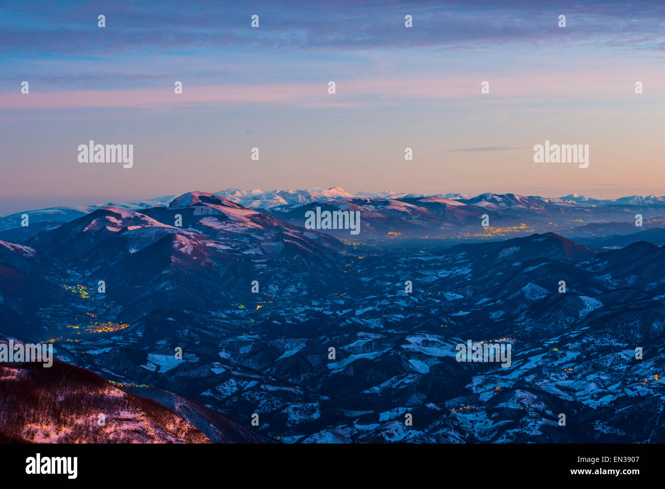 Sunset on the Apennines from Mount Nerone, Monte Nerone in winter, Apennines, Marche, Italy Stock Photo