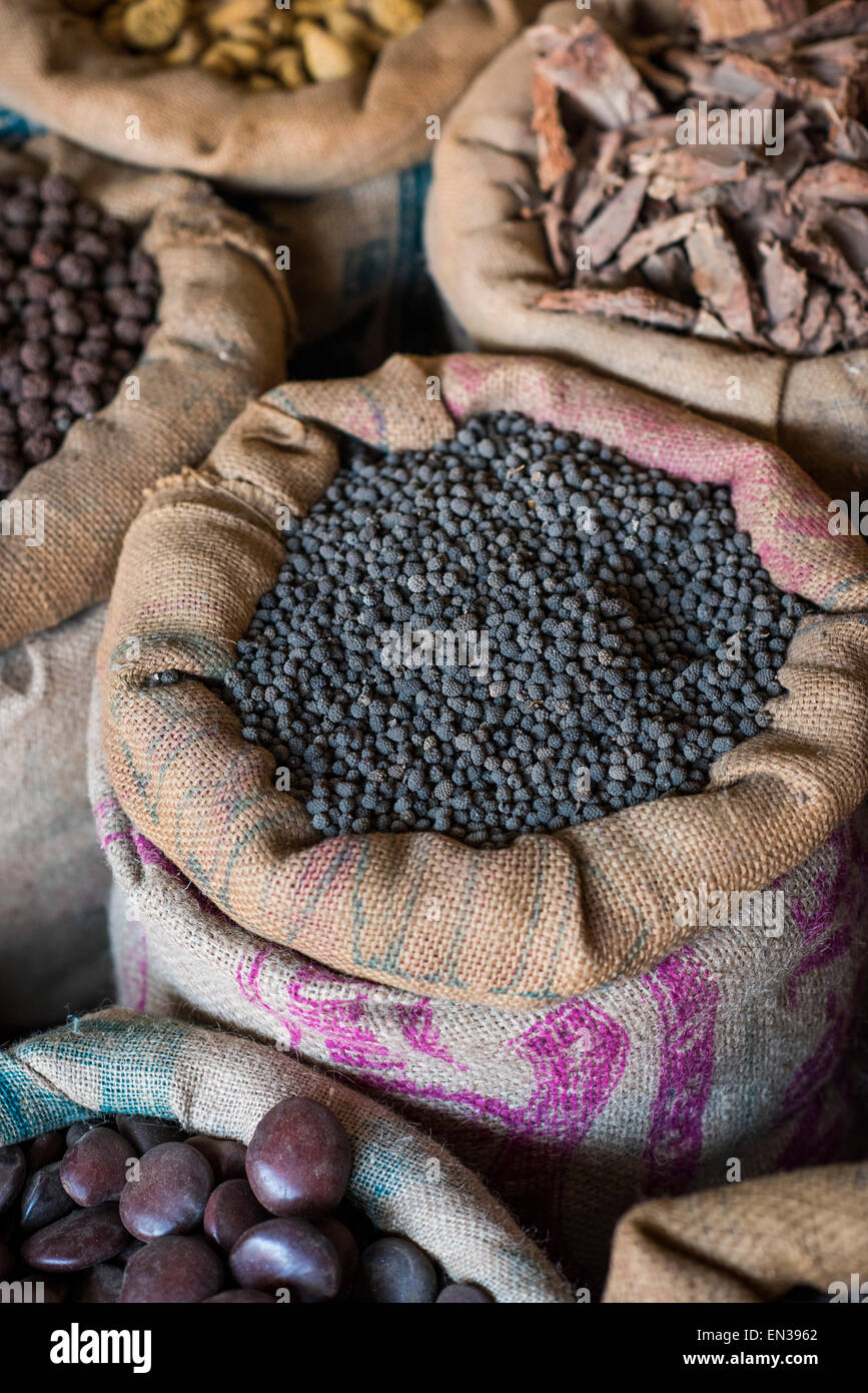 Black pepper, sacks of spices, Kochi, Cochin, Kerala, India Stock Photo