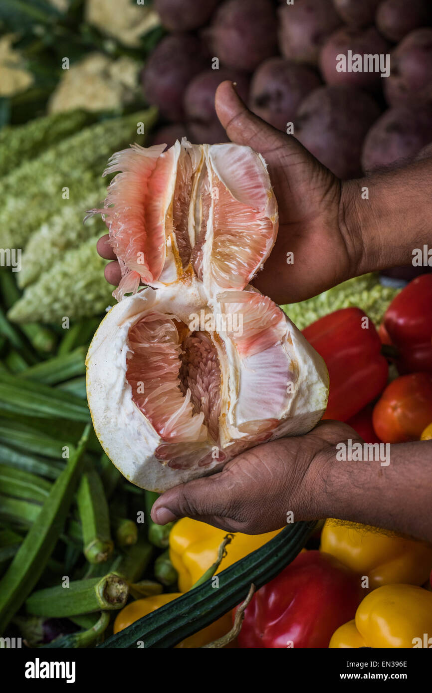 Freshly cut pomelo, fruit and vegetable stall, Mattancherry, Kochi, Cochin, Kerala, India Stock Photo