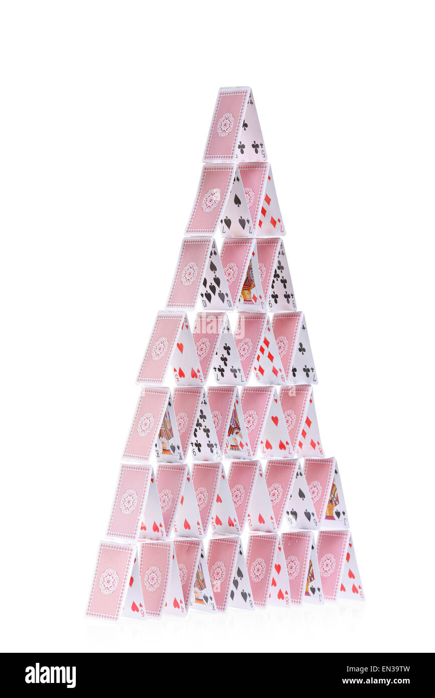 Studio shot of a tall house of cards isolated on white background Stock Photo