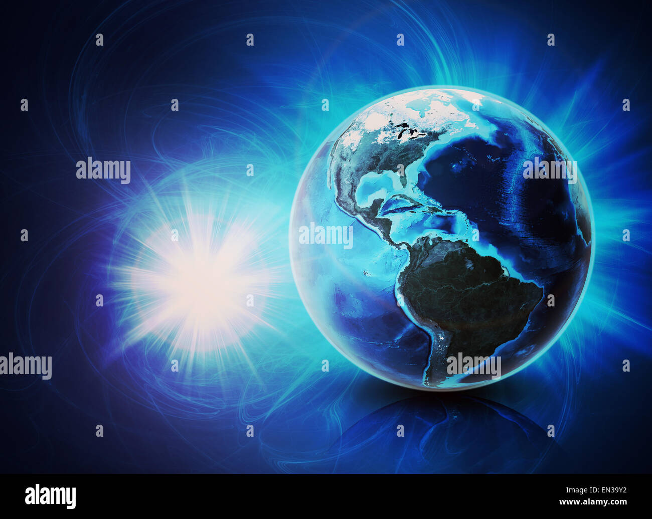 Earth on abstract blue background with glow Stock Photo - Alamy