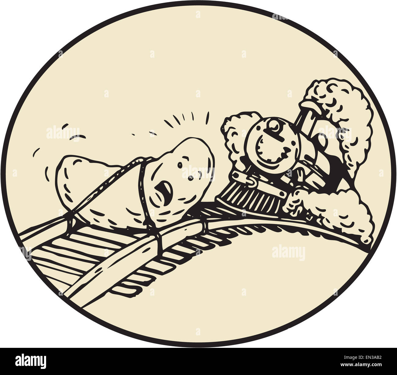 Cartoon style illustration of a date fruit tied with rope to rail railroad track with steam train coming up set inside oval shape Stock Photo - Alamy Cartoon style illustration of a date fruit tied with rope to rail railroad track with steam train coming up set inside oval shape Stock Photo - Alamy