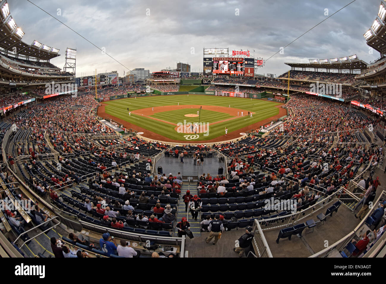 A fisheye lens view of a spring night baseball game at Nationals Park in southeast Washington, D.C.fisheye lens, fisheye lens view. wide view, general Stock Photo