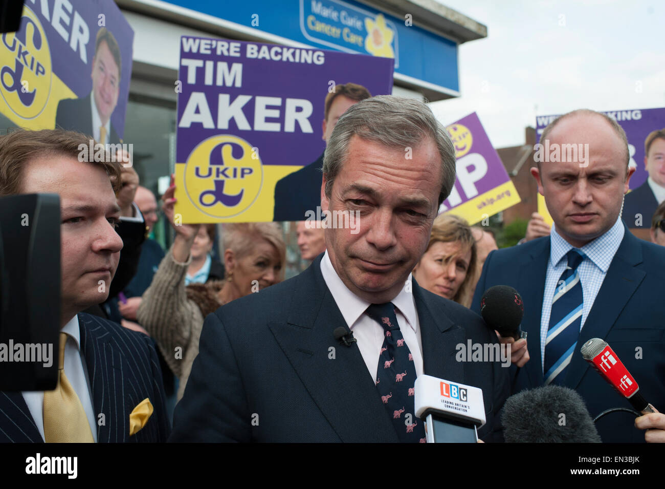 General Election 2015 UKIP leader Nigel Farage campaigning in UKIP stronghold of South Ockendon, Essex. Stock Photo