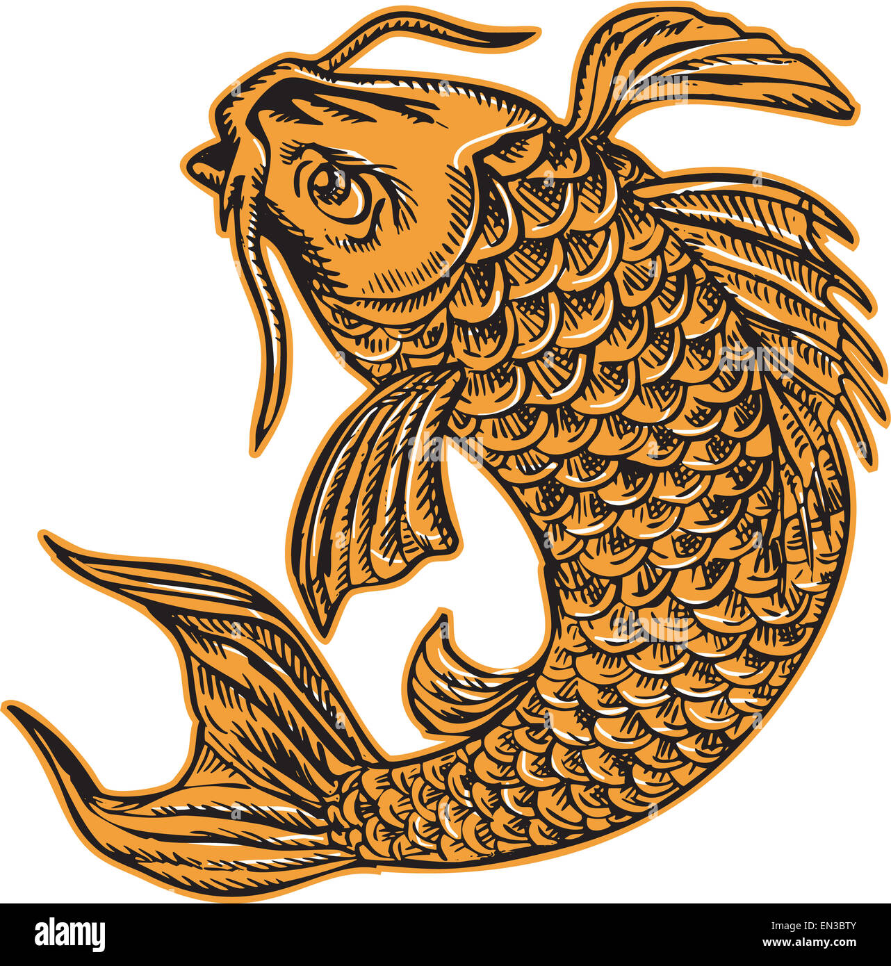 Etching engraving handmade style illustration of a koi carp nishikigoi fish jumping viewed from side set on isolated background. Stock Photo
