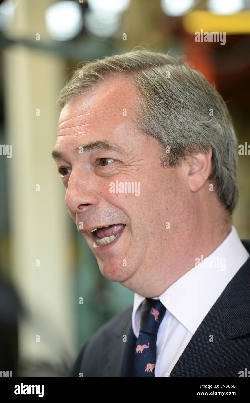 UKIP leader Nigel Farage speaking on the campaign trail in Clacton on Sea, Essex. Stock Photo