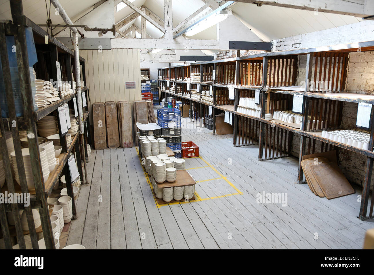 racks of pottery at the Burleigh Middleport pottery factory Stokeon