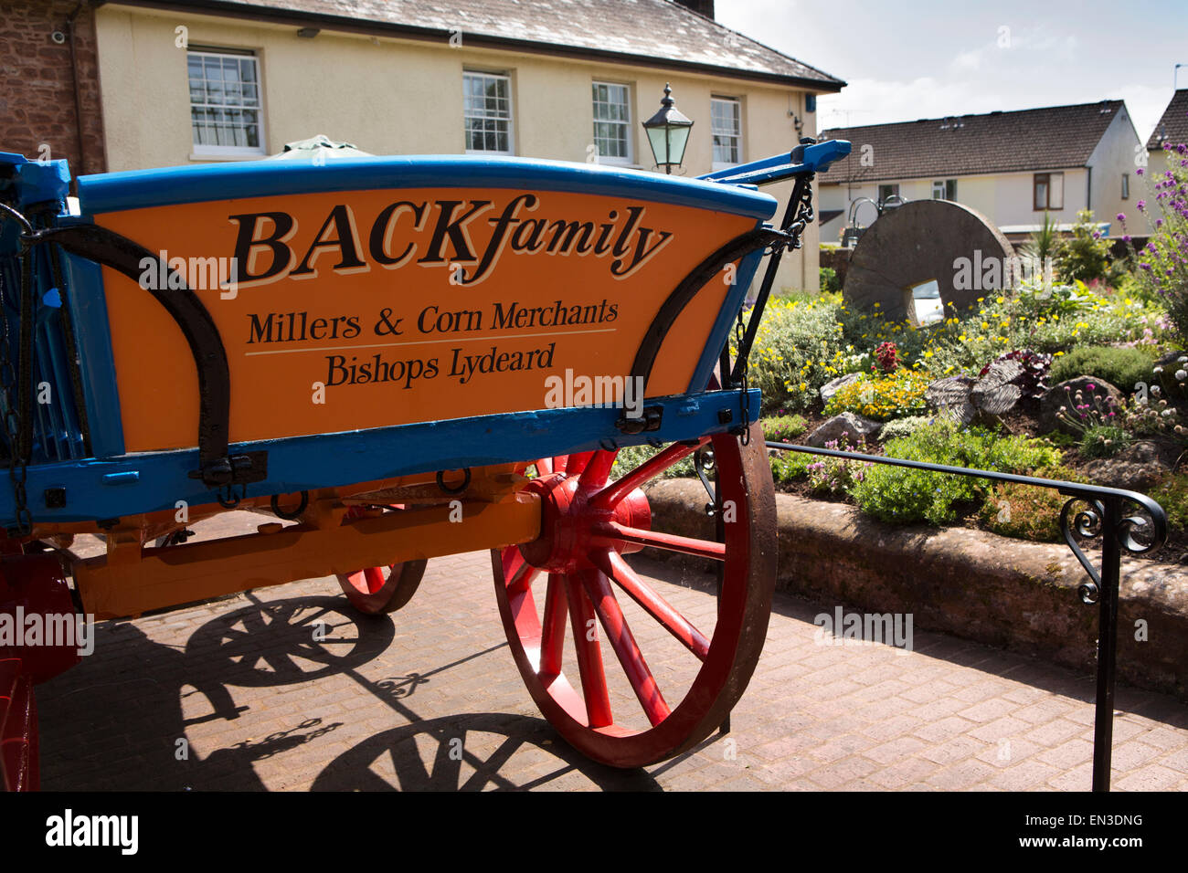 UK, England, Somerset, Taunton, Bishops Lydeard Mill, restored hay cart in garden Stock Photo