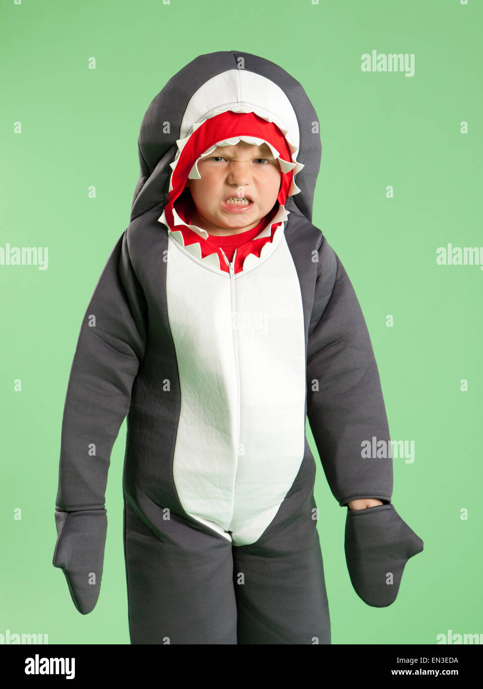 Portrait of boy (6-7) in shark costume for Halloween Stock Photo