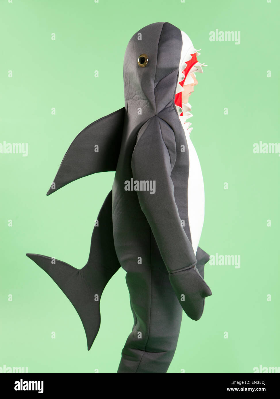 Boy (6-7) in shark costume for Halloween Stock Photo