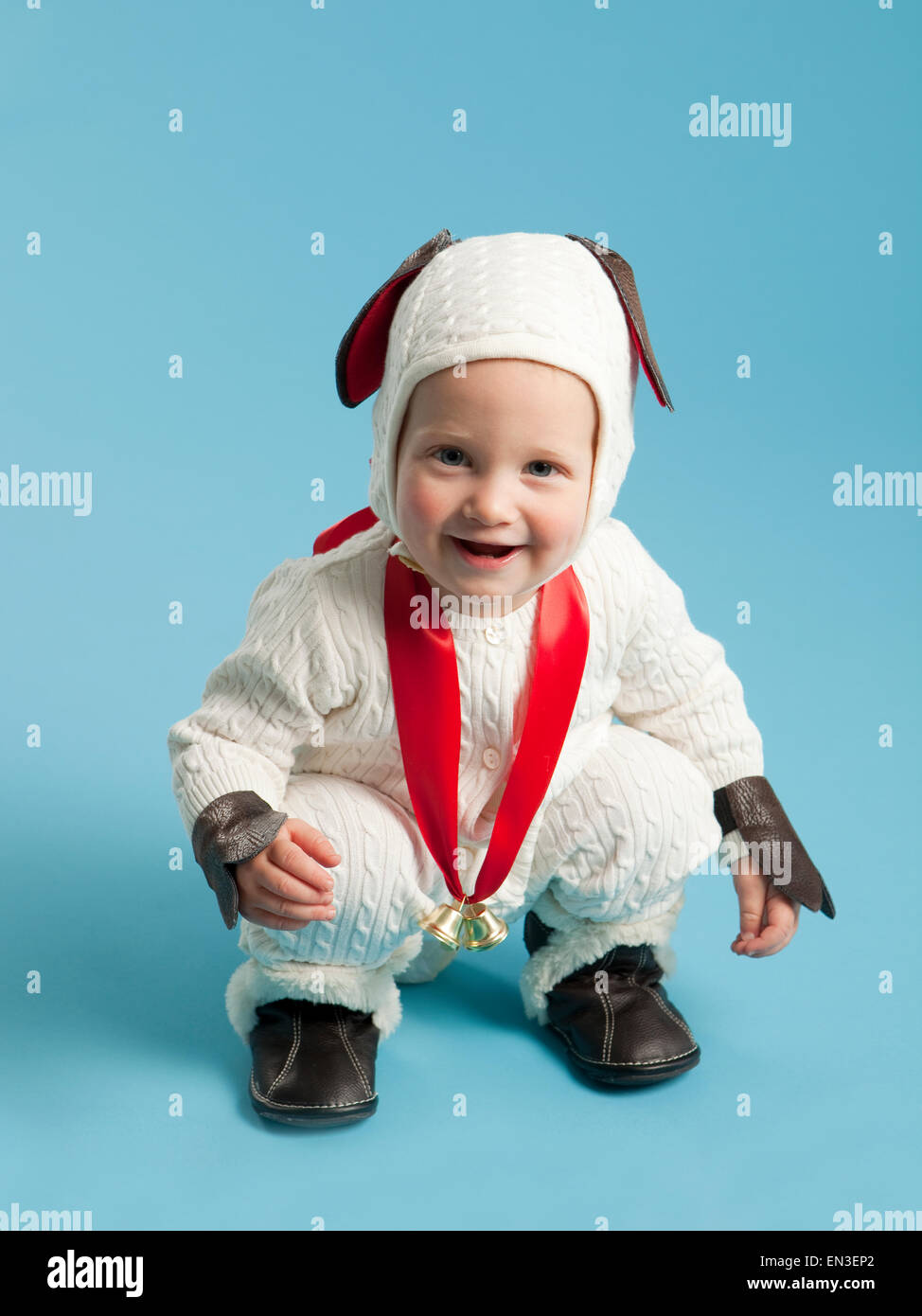 Portrait of boy (12-17 months) in lamb costume for Halloween Stock Photo