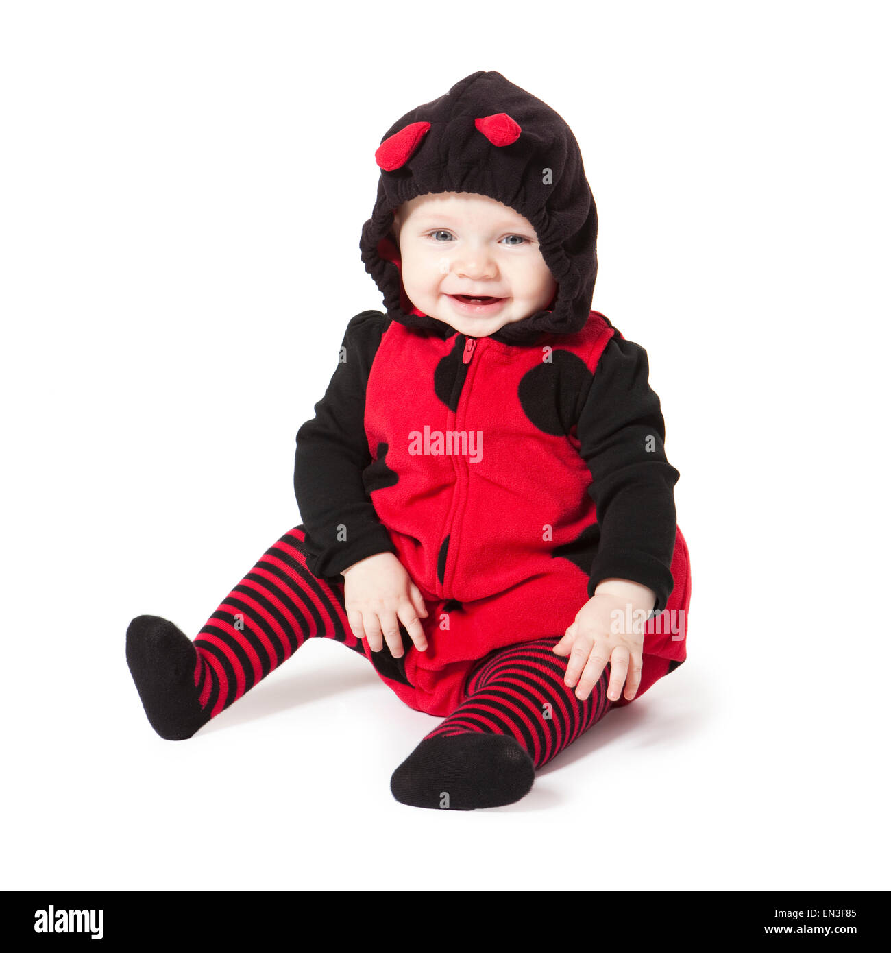Portrait of baby girl (611 months) in ladybird costume for Halloween Stock Photo Alamy