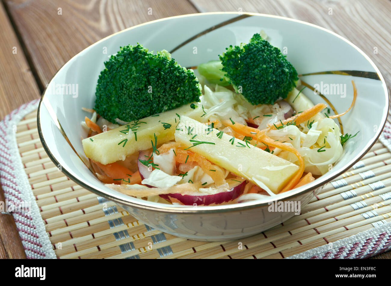 Maple slaw with broccoli and apple- variation of coleslaw of Canada.consisting of maple syrup, cabbage, onion, fish, and seasoni Stock Photo