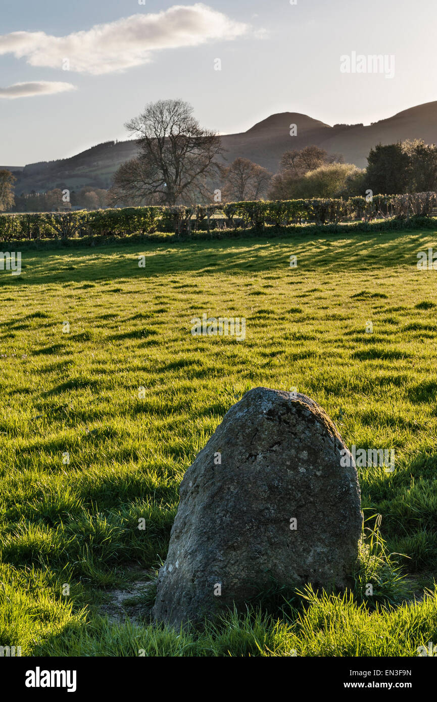 Near New Radnor, Powys. Kinnerton Court Stone I, a Bronze Age standing stone aligned with the Whimble hill in the background Stock Photo