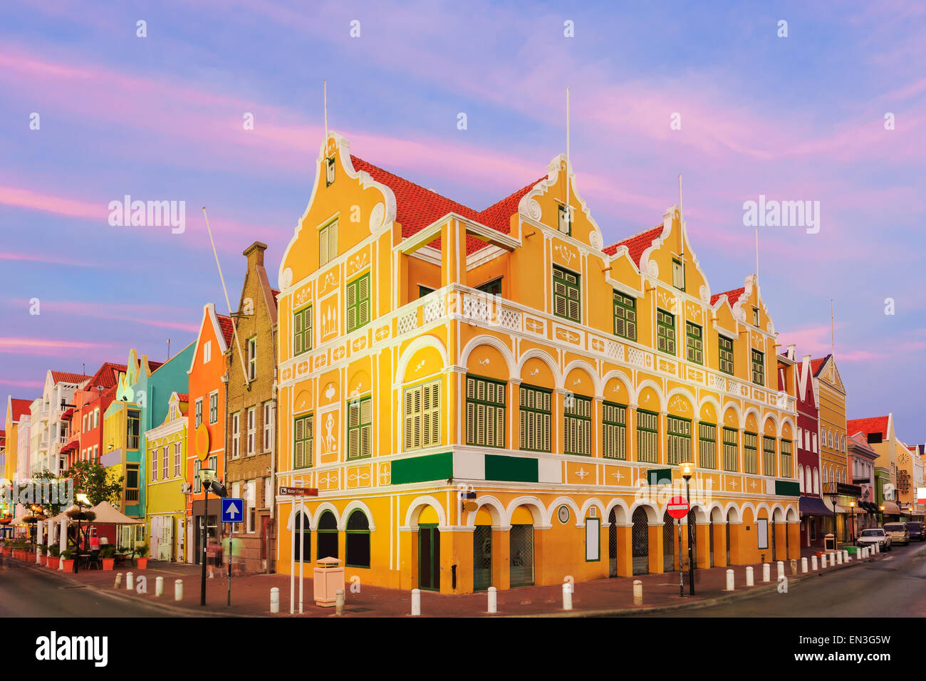 Downtown Willemstad at twilight, Curacao, Netherlands Antilles Stock Photo