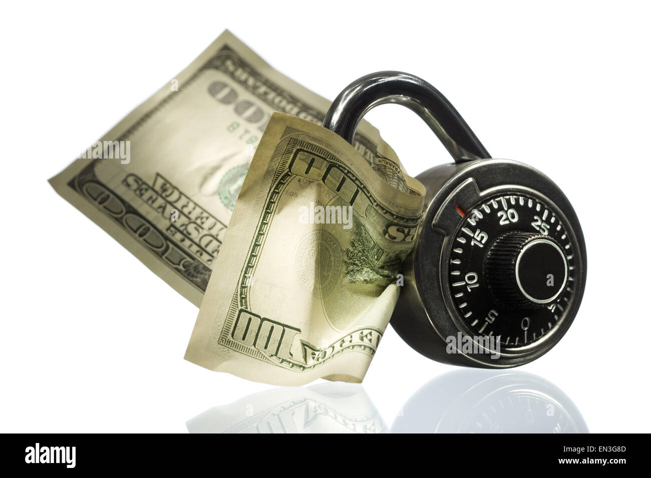 Combination lock with US hundred dollar bill Stock Photo