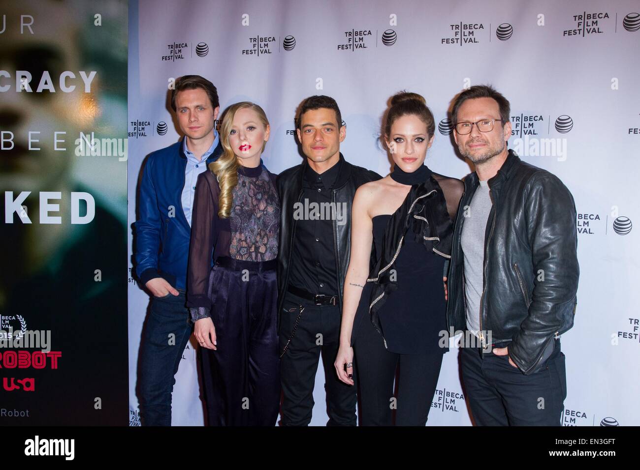 New York, NY, USA. 26th Apr, 2015. Martin Wallstrom, Portia Doubleday, Rami Malek, Carly Chaikin, and Christian Slater at arrivals for MR.ROBOT Series Premiere on USA Network, Bow Tie Cinemas Chelsea, New York, NY April 26, 2015. Credit:  Abel Fermin/Everett Collection/Alamy Live News Stock Photo