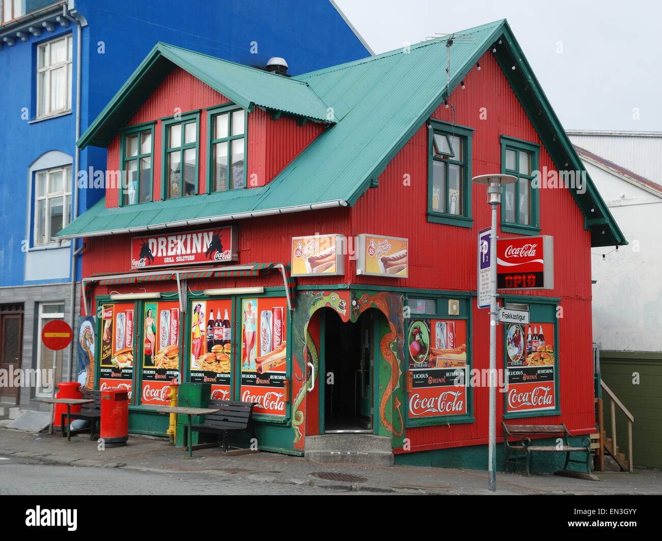 Red and green corner shop, Reykjavik, Iceland Stock Photo