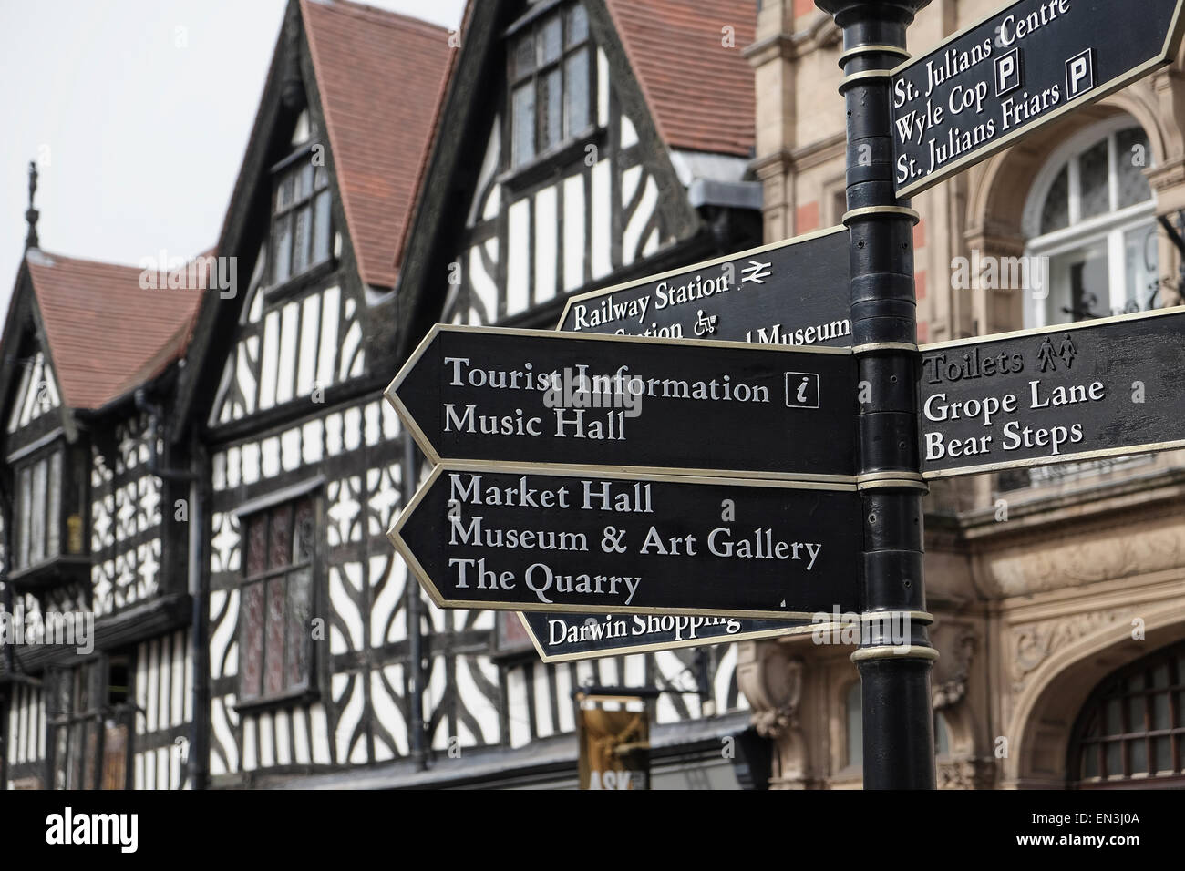 Shrewsbury signposts to tourist attractions Stock Photo