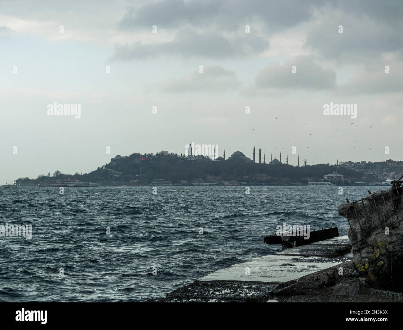 Istanbul, Turkey - View over Bosporus to Hagia Sophia and Blue Mosque Stock Photo
