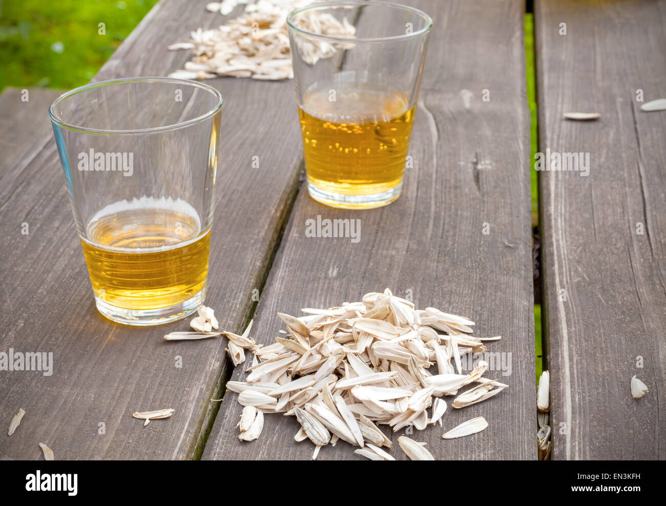 Sunflower seed husks and two glasses on the garden table, summer snack concept. Stock Photo