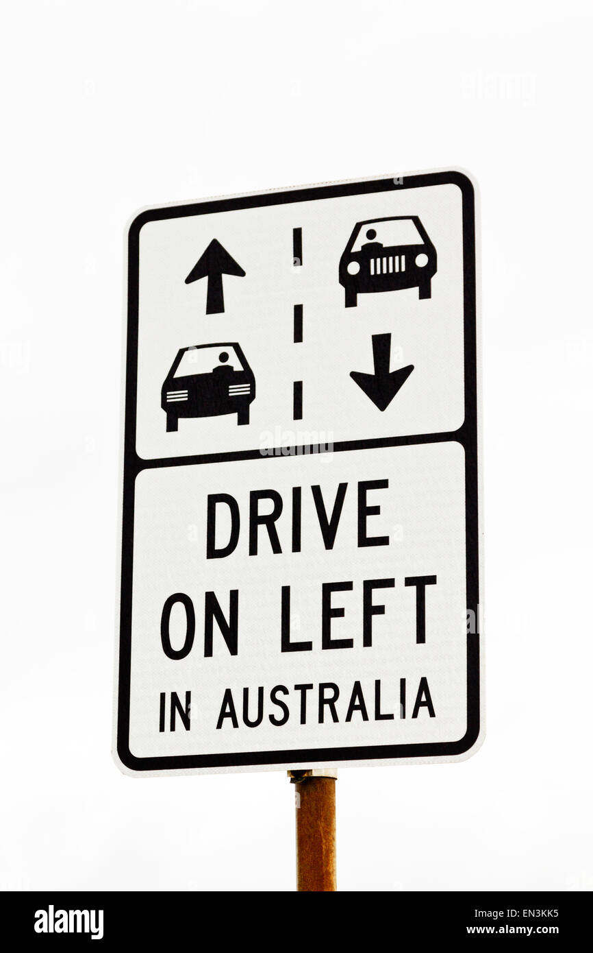 White and black sign indicating 'Drive on Left in Australia' traffic regulation, an important distinction to American travelers. Stock Photo