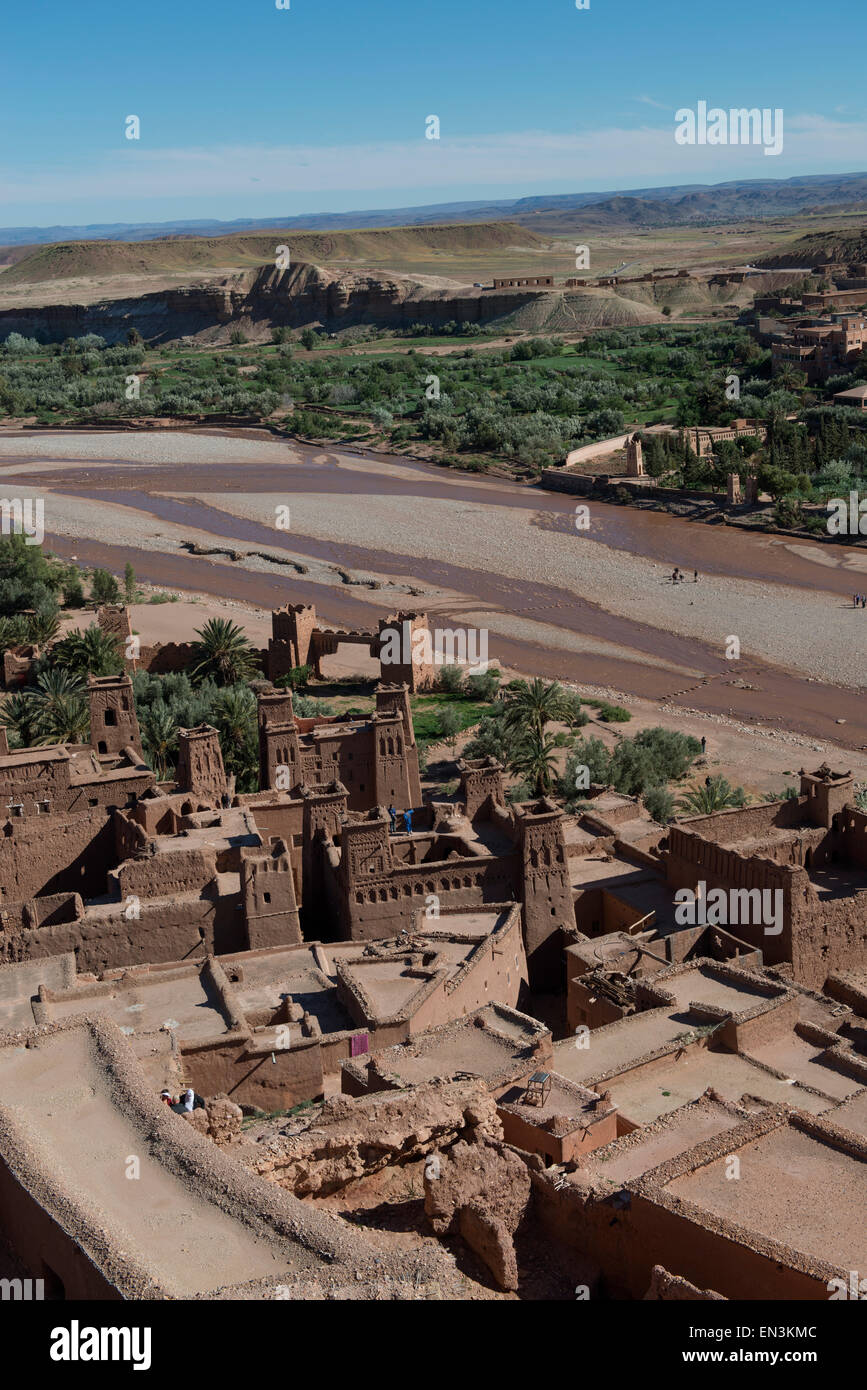 Ait Ben Haddou, World Heriage Site.  Fortified city, or Ksar, on Ounila River (Asif Ounila), along former caravan route. Stock Photo