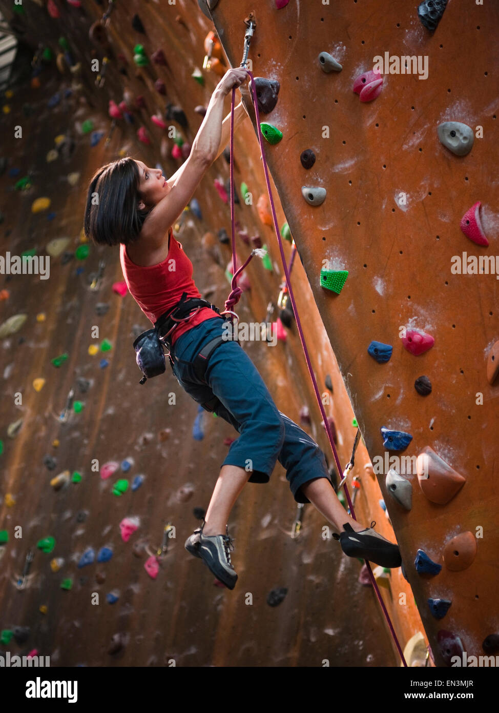 USA,Utah,Sandy,Female rockclimber on indoor climbing wall Stock Photo