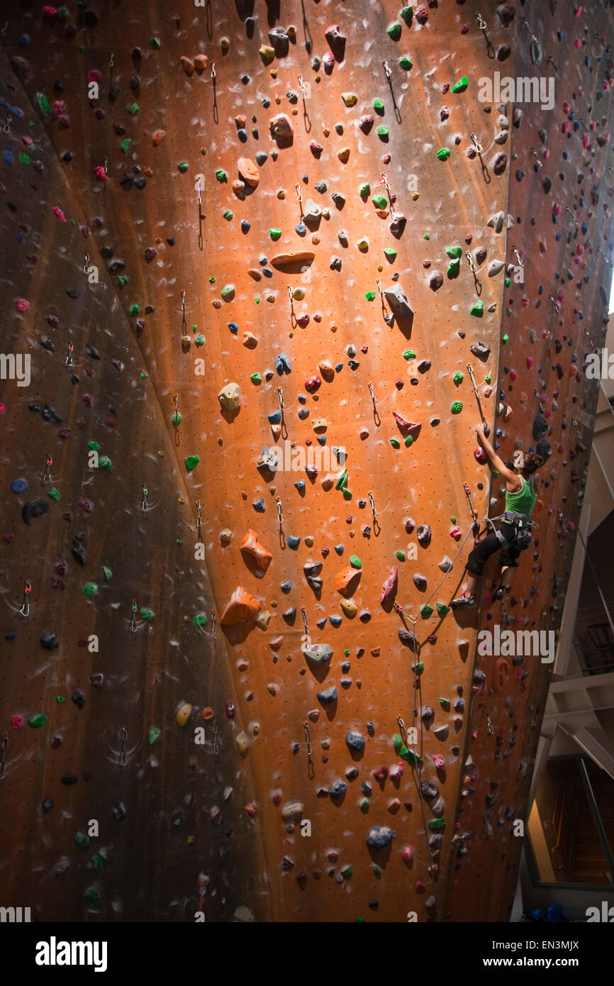 USA,Utah,Sandy,Female rockclimber on indoor climbing wall Stock Photo