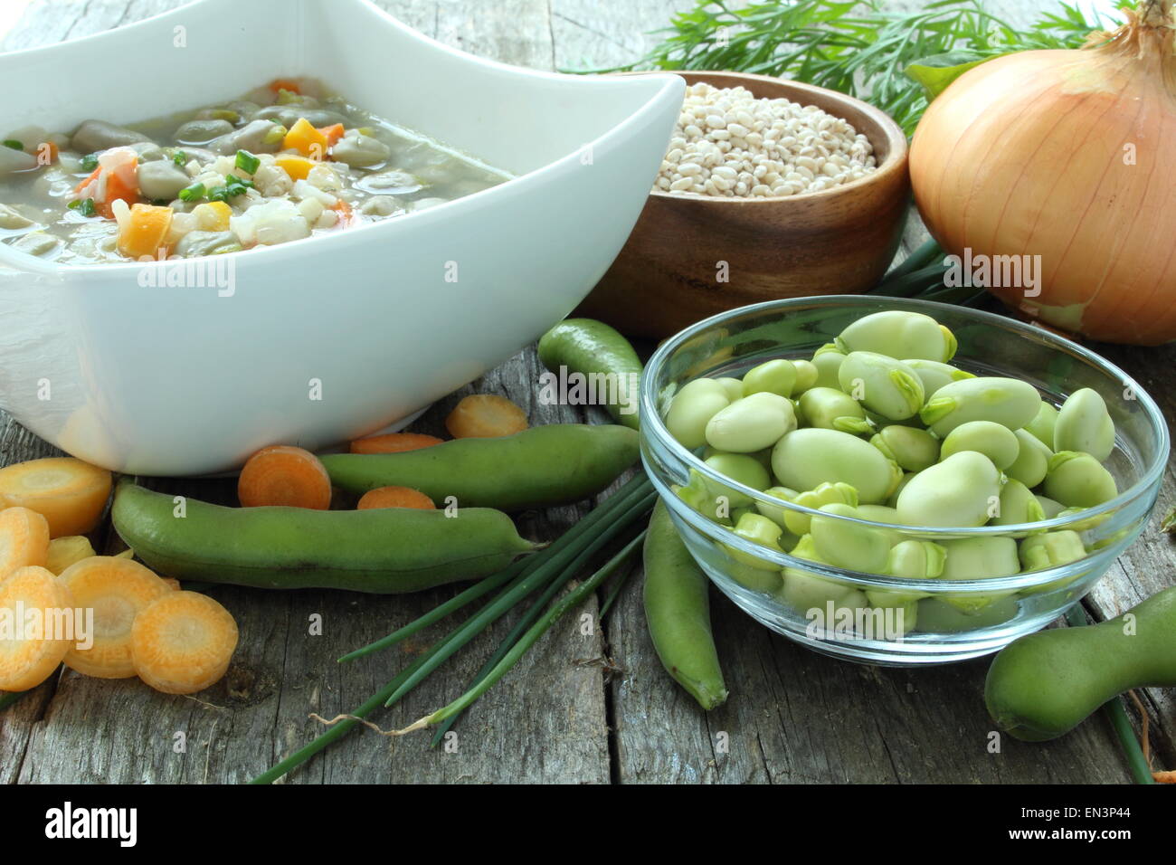 Traditional fava bean soup made with garden vegetables, lac St-Jean, Quebec, Canada Stock Photo