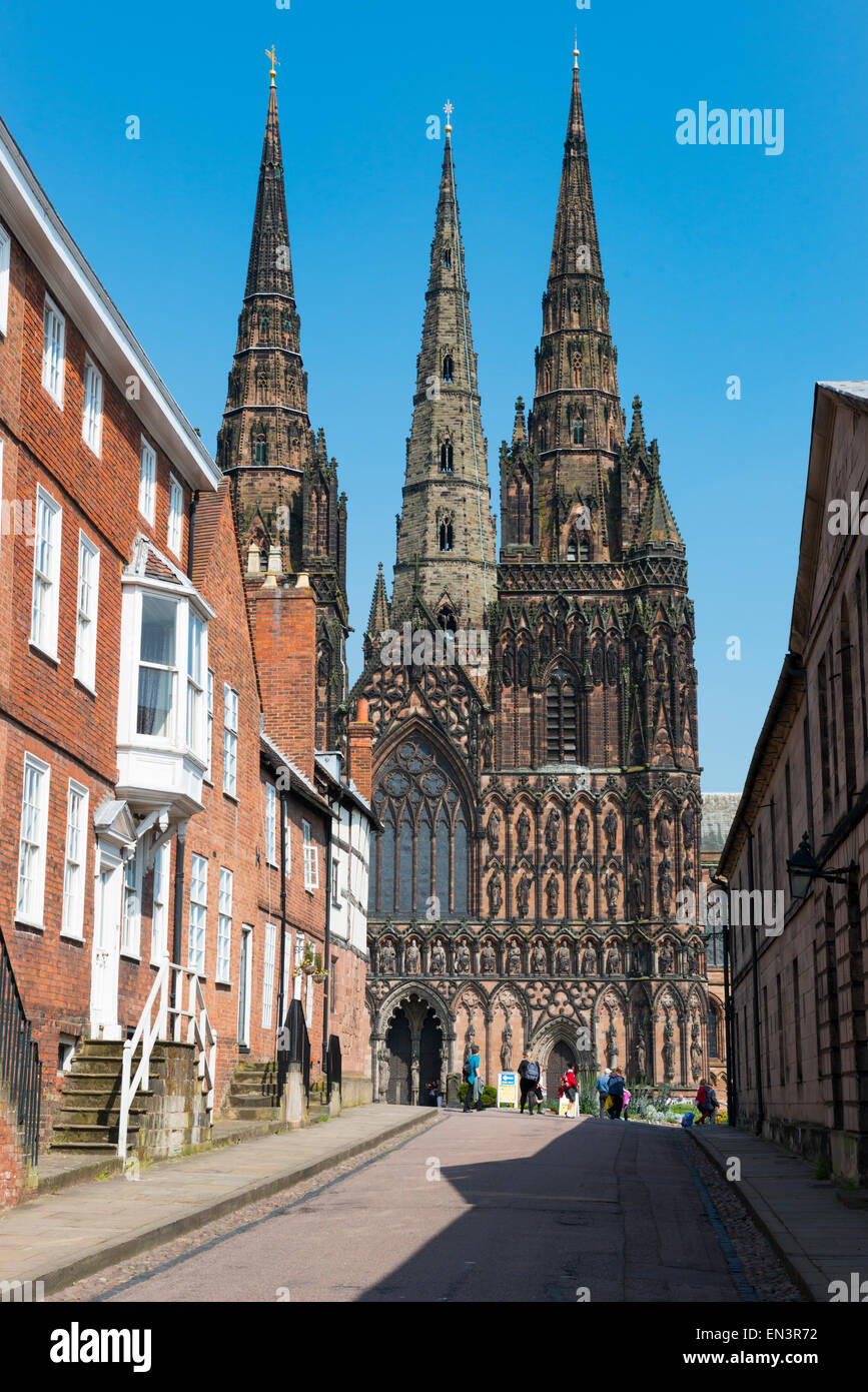 Lichfield Cathedral seen from The Close, Lichfield, Staffordshire, England. Stock Photo