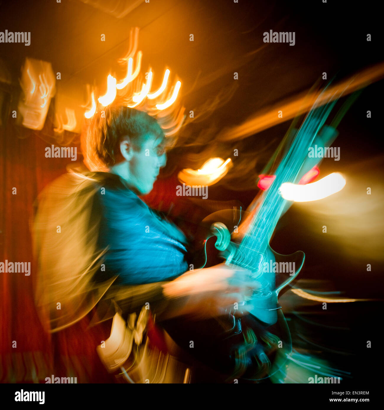 USA,Utah,Provo,Guitar player performing on stage Stock Photo