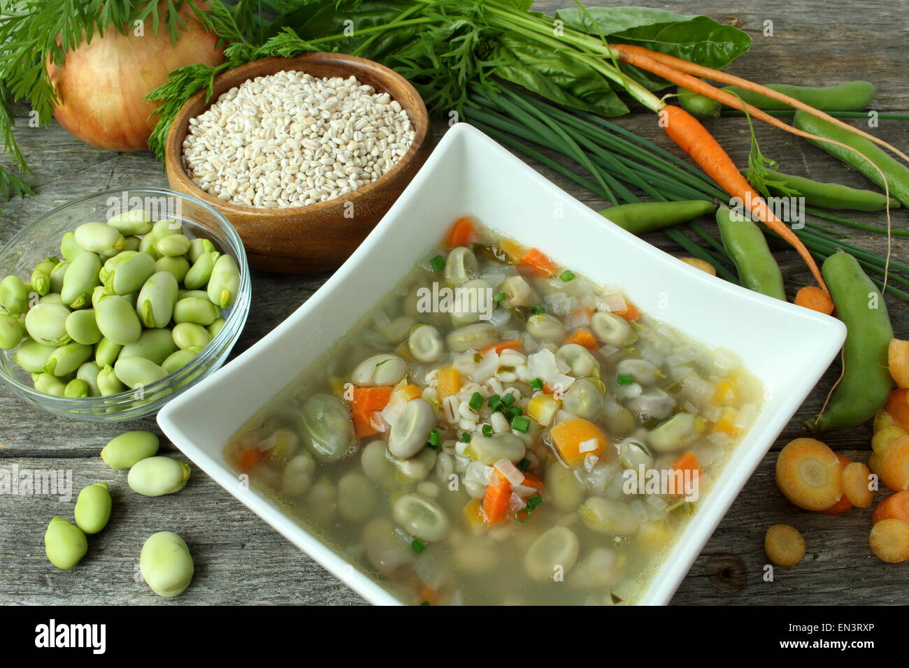 Traditional fava bean soup made with garden vegetables, lac St-Jean, Quebec, Canada Stock Photo