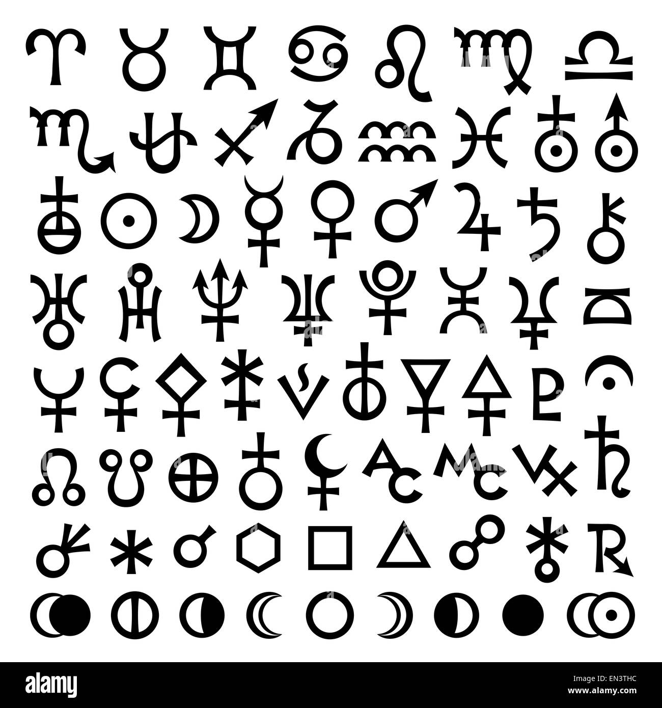 Astrological Signs of Zodiac, Planets, Asteroids, Aspects, Lunar phases, etc. (The Big Set of Main Astrological Symbols) v.2 Stock Photo