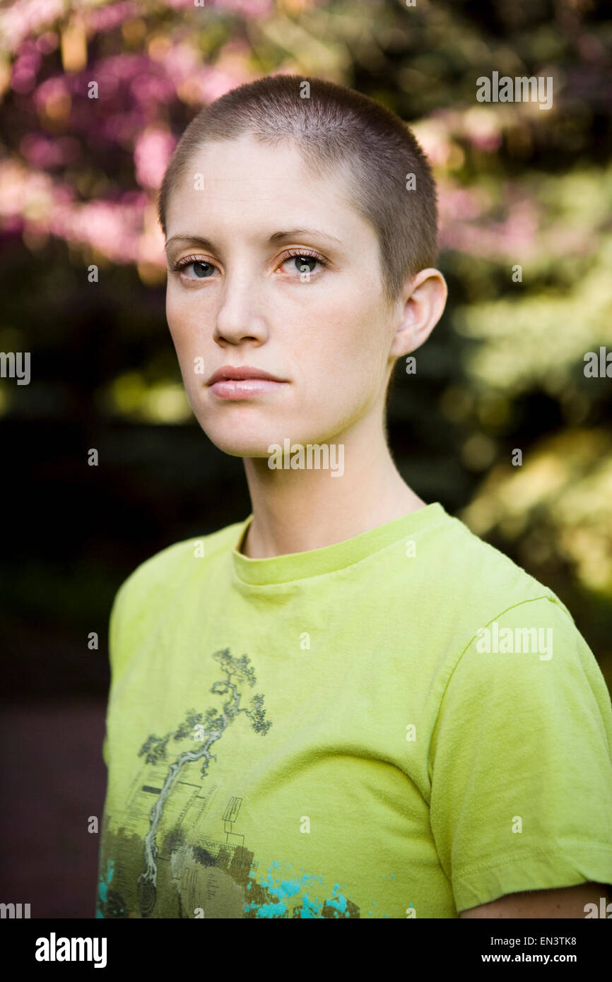 woman with a shaved head Stock Photo Alamy
