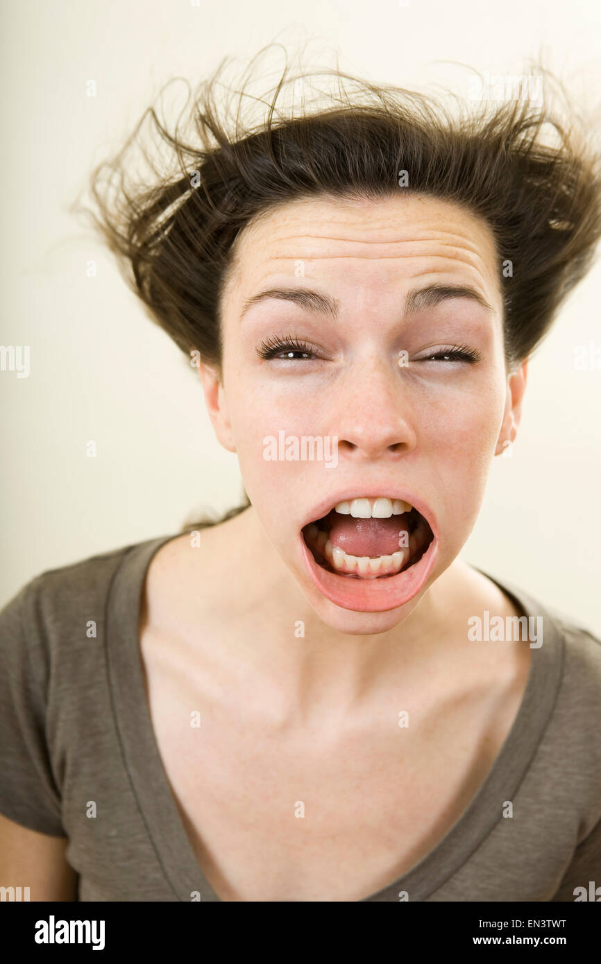person getting wind blown in the face Stock Photo