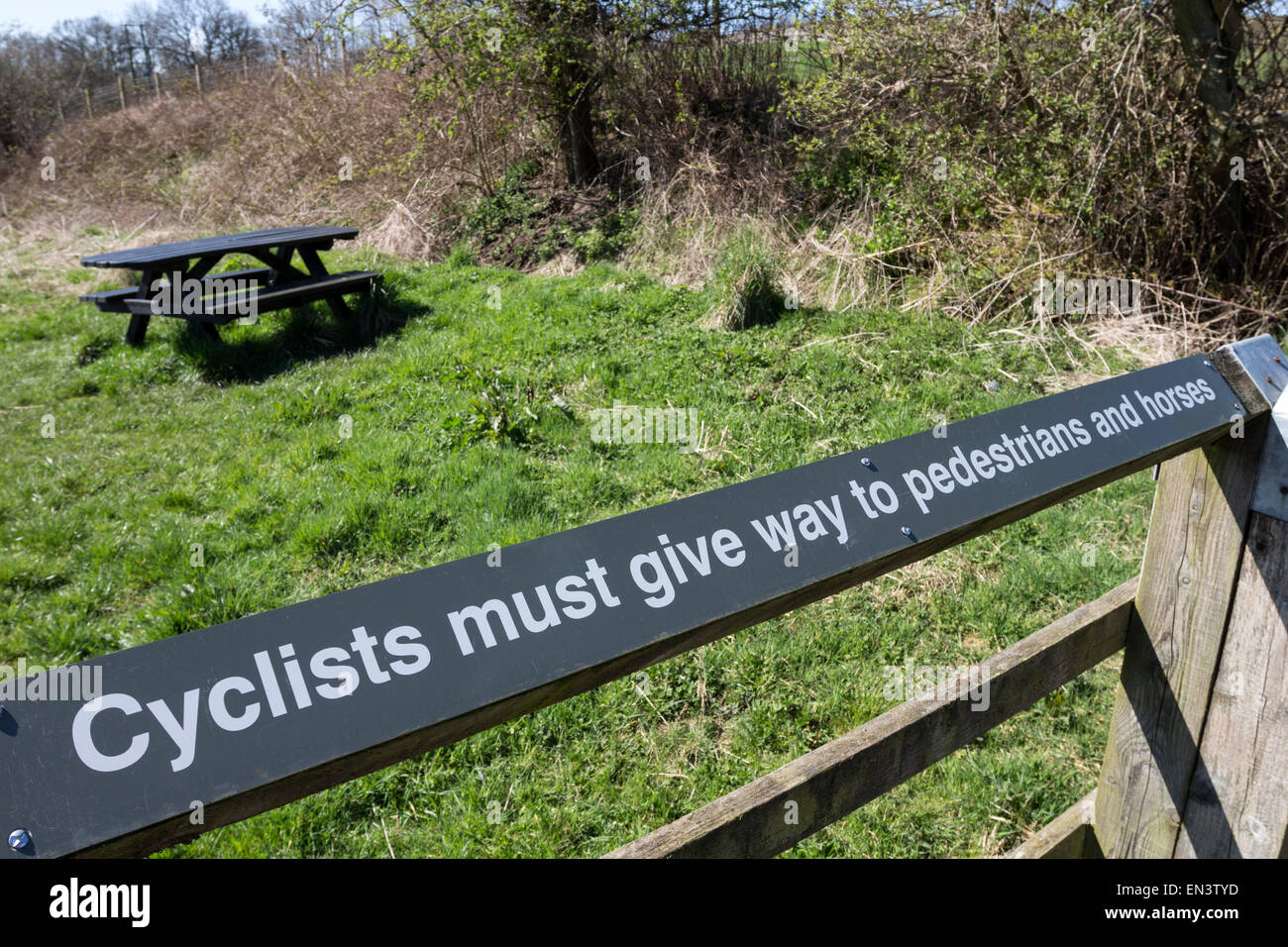 Sign Asking Cyclists to Give Way to Pedestrians and Horses on the Tees Railway Walk at Romaldkirk Teesdale County Durham UK Stock Photo
