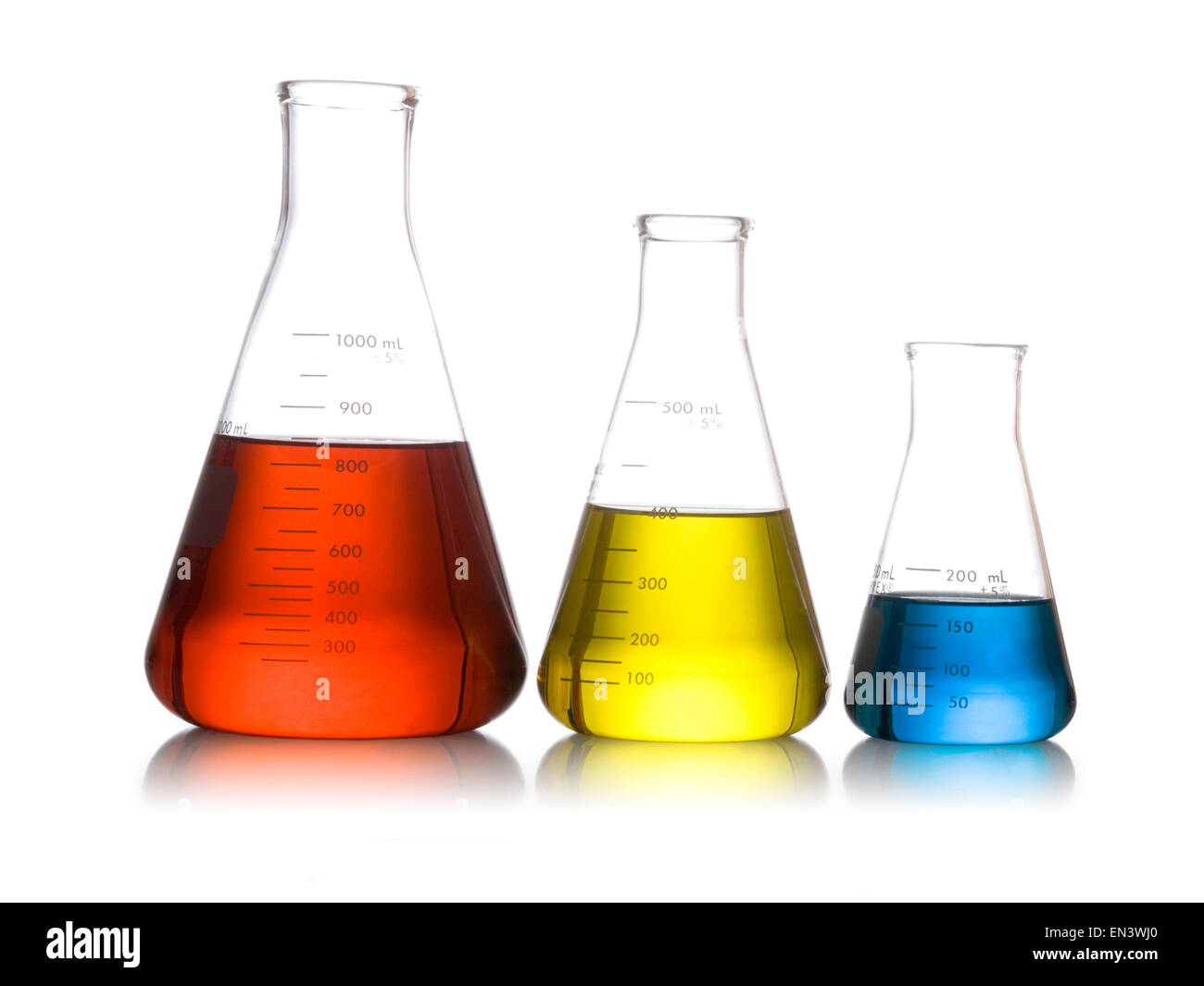 three erlenmeyer flasks full of liquid Stock Photo Alamy