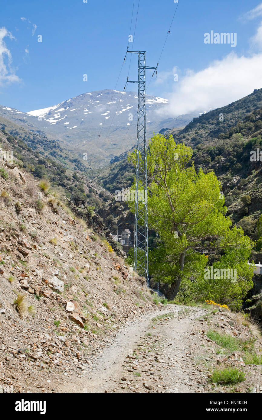 HEP electricity generation River Rio Poqueira gorge valley, High Alpujarras, Sierra Nevada, Granada Province, Spain Stock Photo